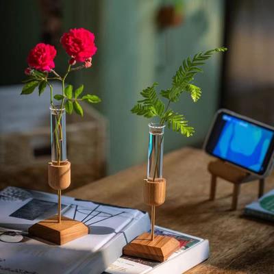Creatieve Hydroponische Plantenvaas Houten Basis Minimalistische Glazen Bloemenvaas Eenvoudige Elegante Bloemschikcontainer Gedroogde Bloem