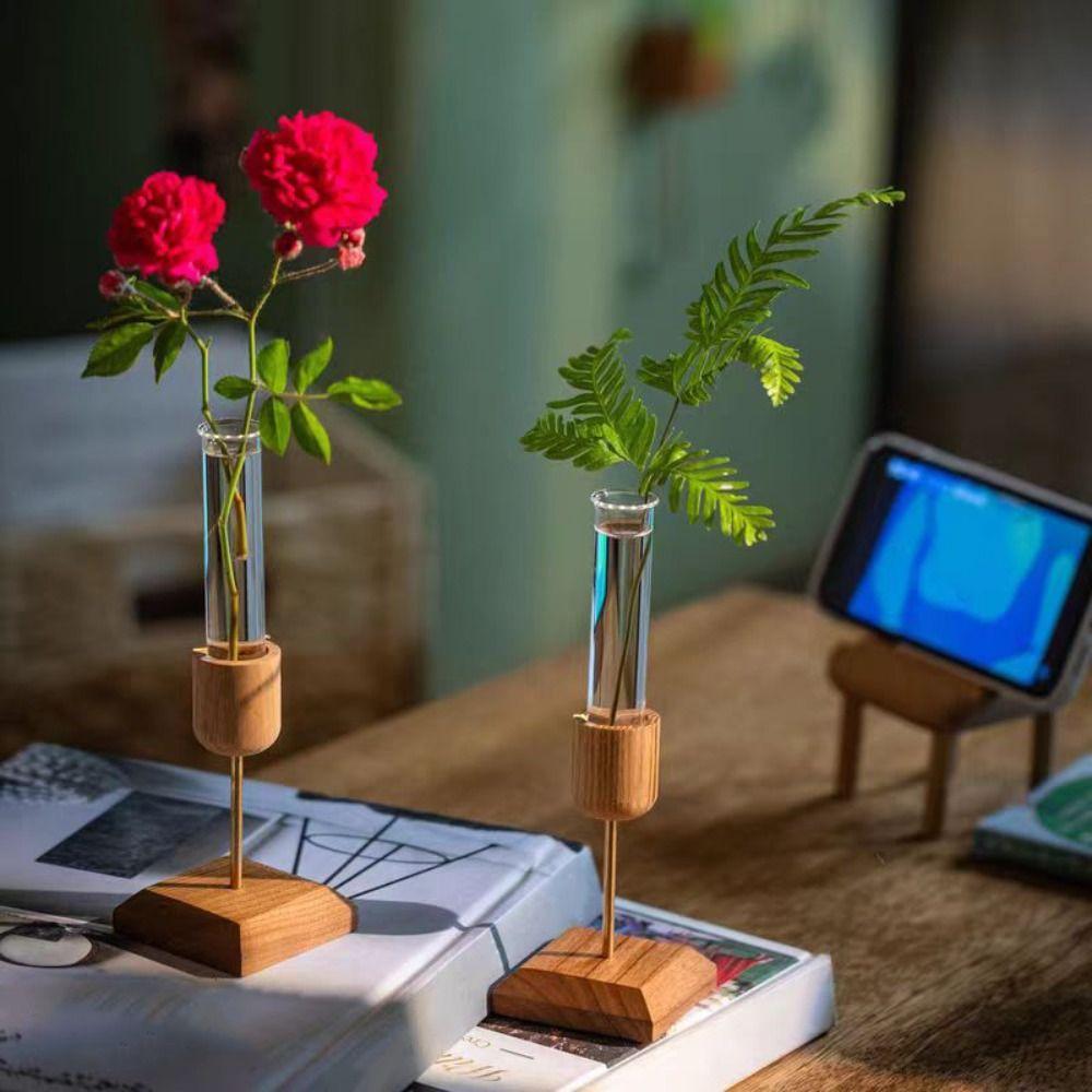 Kreative Hydrokultur-Pflanzenvase Holzsockel Minimalistische Glas-Blumenvase Einfacher Eleganter Blumenarrangement-Behälter Trockenblume