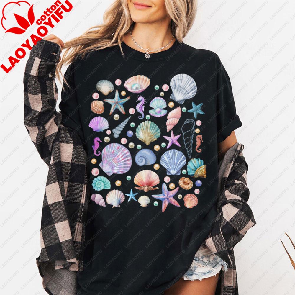 Seashell Pattern Unisex Tshirt Casual Fashion Summer Cotton Short Sleeve Oneck Hot Sale Tops Beach Vacation Clothing Gift Tee