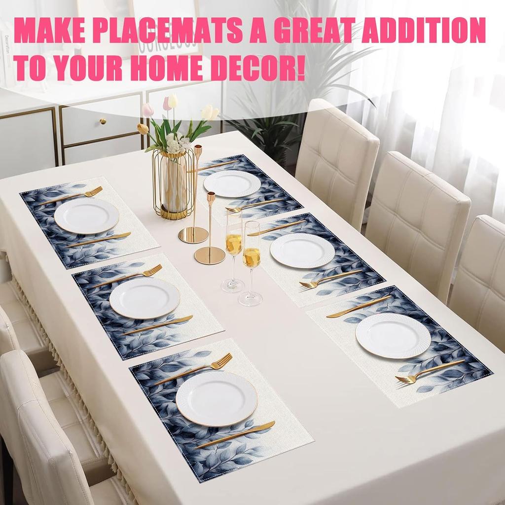 Spring Blue Leaves Placemats Set of 6,12x18 Inch Eucalyptus Leaves Linen Place Mat Washable Stain Resistant Table Mats