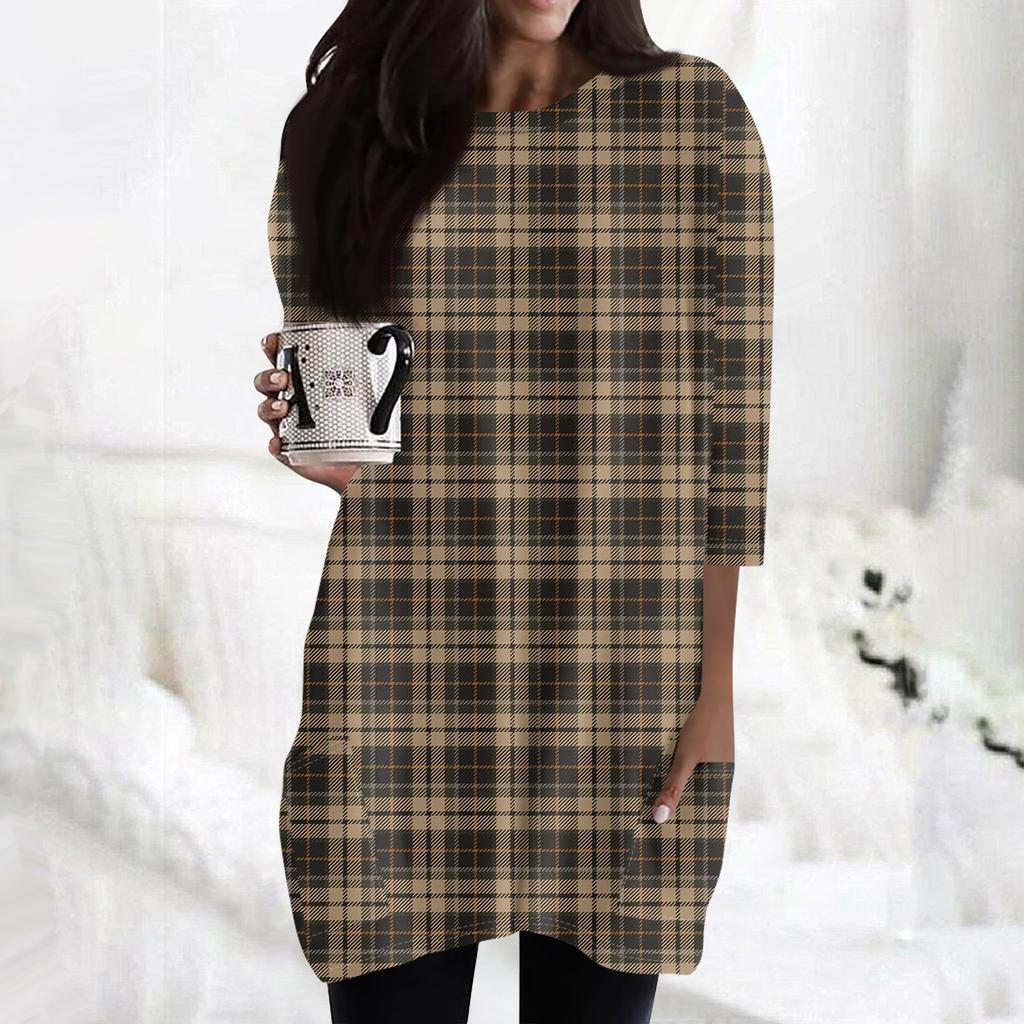 Damenmode Lässig 3/4 Ärmel Print Rundhals Doppelpattentasche T-Shirt Top