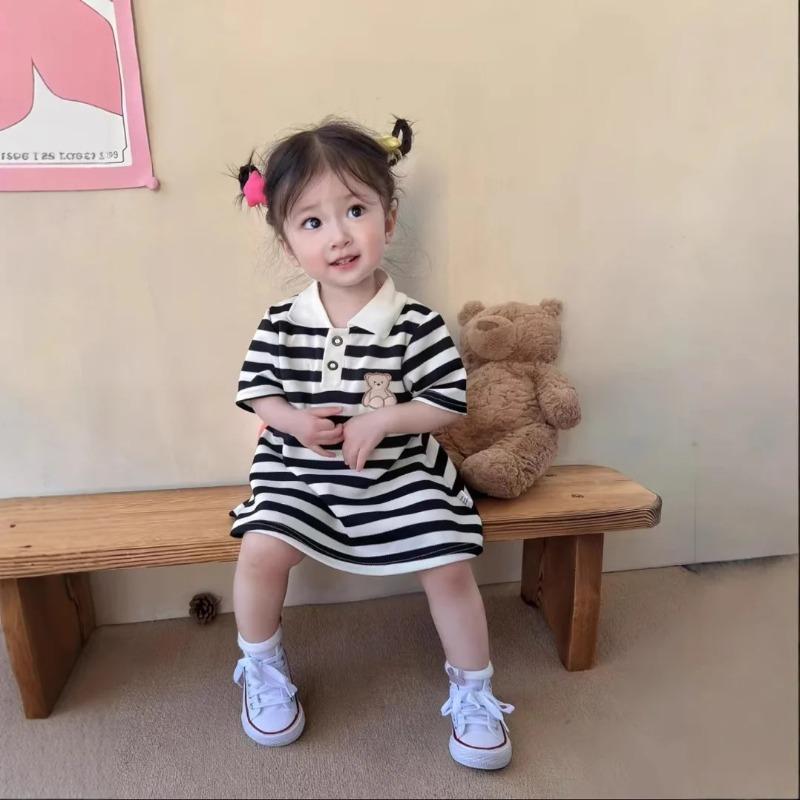 Children's Dress Girls' Summer Korean Edition Striped Strawberry Lapel Casual Dresses