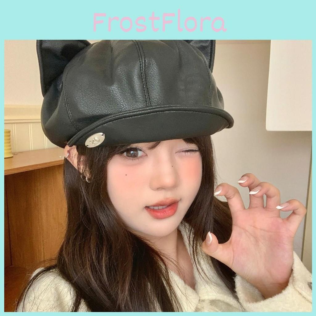Woman Beret Leather Hat With Curved Brim And Cat Ear Detail For Trendy Up Dress