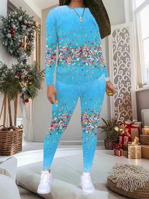Conjunto de 2 Peças Estampado Floral Feminino: Top e Calças de Manga Comprida com Gola Redonda, Fato de Festa Casual Limitado para as Festas