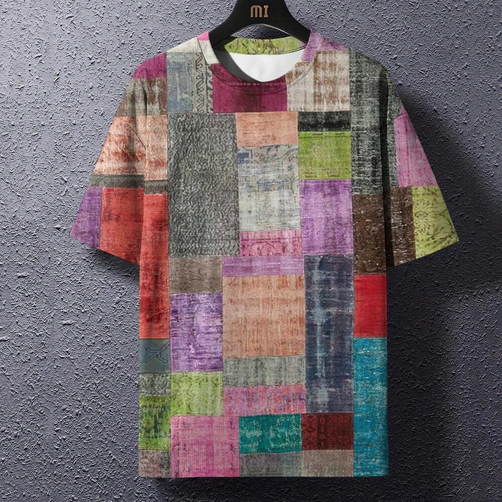 

Ретро мужские футболки с клетчатым принтом Футболки в стиле пэчворк О-образный вырез Блузка с коротким рукавом Топы свободного покроя Мужские модные футболки в стиле Харадзюку L