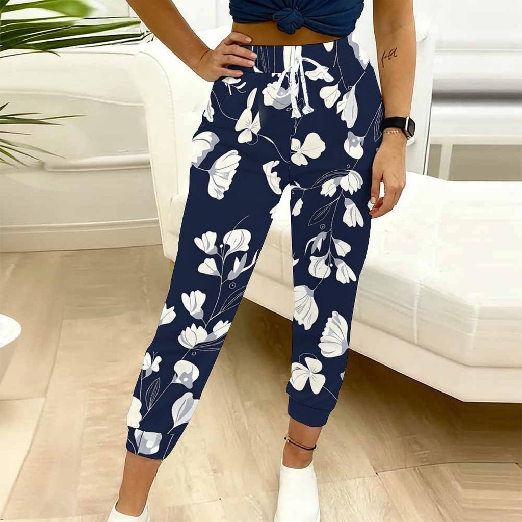 Summer Ladies Color-blocking Printed Sweatpants Loose Fit Drawstring Joggers Elastic Cuff Daily Casual Pants