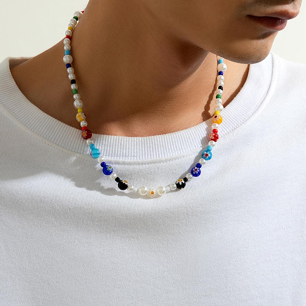 Imitation Pearl and Colorful Beads Short Choker Necklace for Men Trendy Beaded Chains On Neck 2026 Fashion Jewelry Accessories