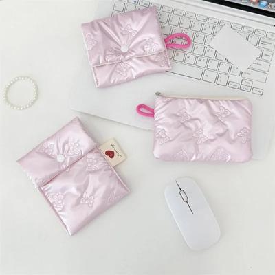 Bolsa de armazenamento de batom de maquiagem com laço rosa pequena, bolsas de cosméticos fofas, porta-moedas, bolsa de mão estilo viajante, bolsa de maquiagem feminina