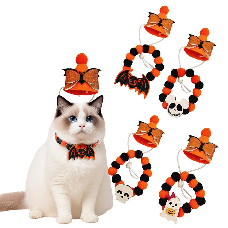 Halloween Cat Accessories Set Quickly Wearing Elastic Adjustable Soft Pet Necklace Dog Cat Collar Pets Holiday Playful Costumes