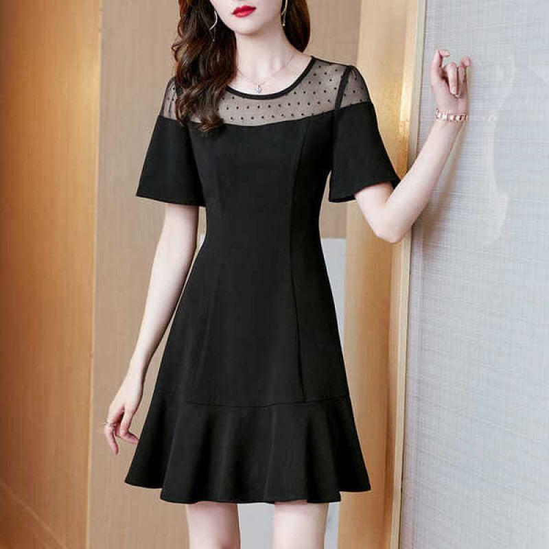 Black lace dress women's summer temperament small high-end sense splicing small black dress