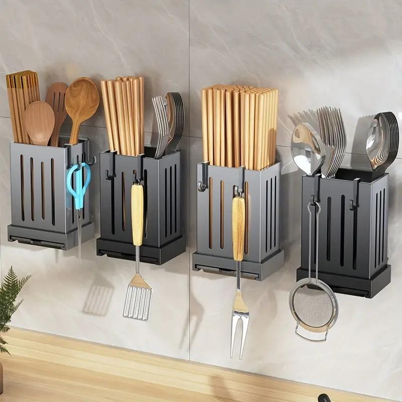 1-Piece Kitchen Utensil Rack-Multifunctional Draining Chopstick Plastic Holder Wall-Mounted Or Freestanding No Drilling Wall Box