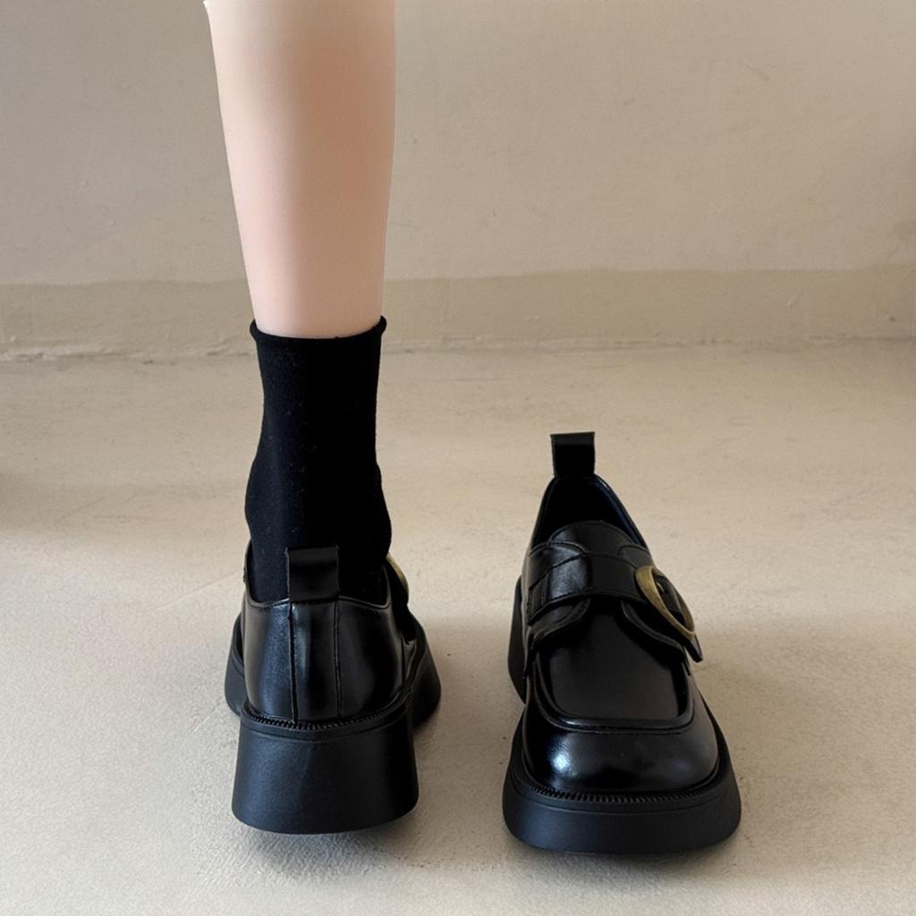[Uncle Shoe] New platform loafers women's British style small leather shoes autumn one-pedal women's shoes black single shoes