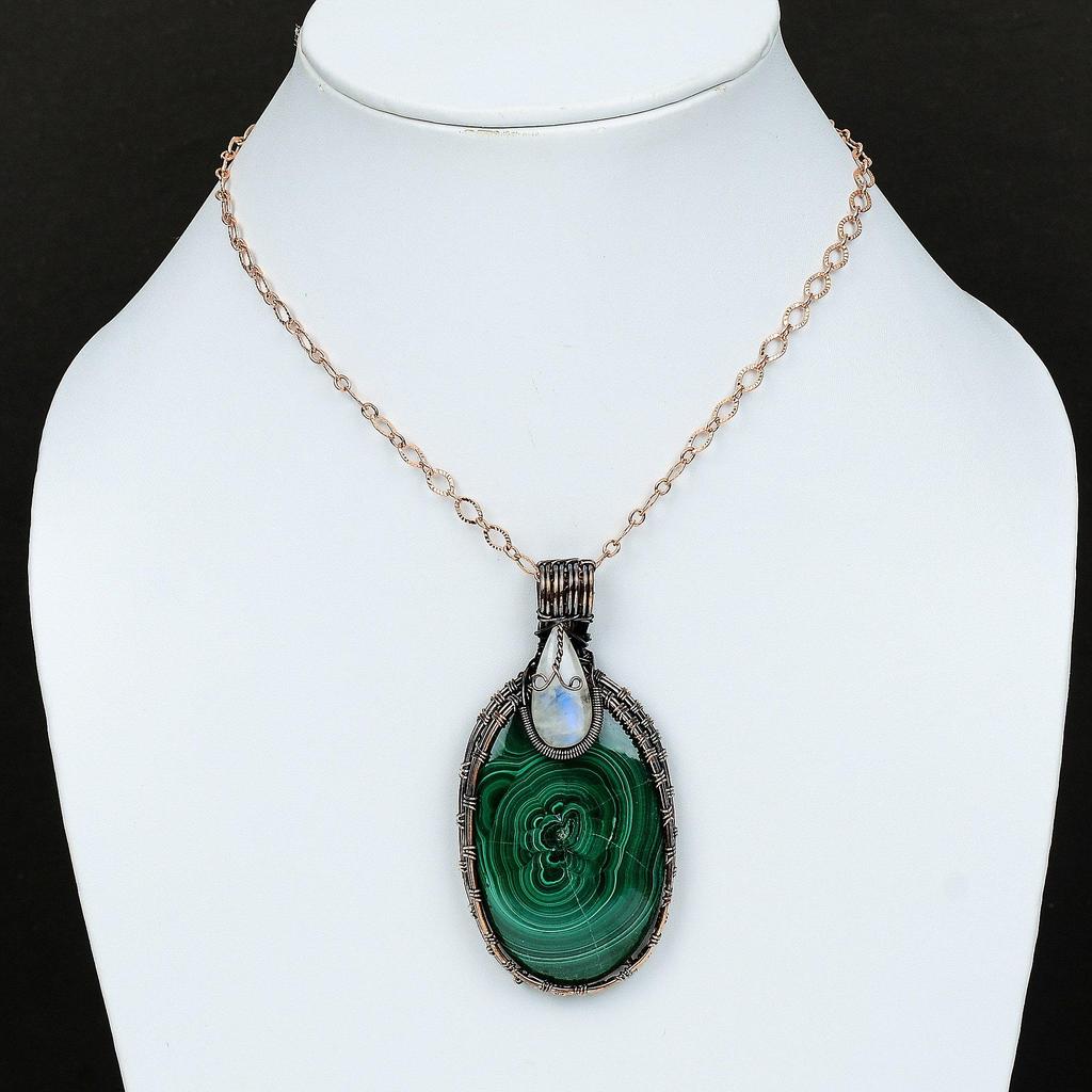 Malachite Pendant Copper Wire Wrapped Pendant Rainbow Moonstone Pendant Very Pretty Gemstone Pendant Handmade Copper Jewelry Engagement Gift