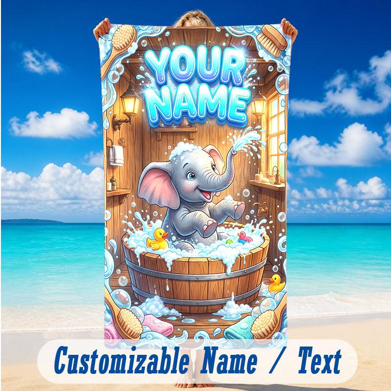 Elephant Theme Beach Towel Personalized Custom Name & Text Soft Quick Dry Beach Towel for Swimming Travel