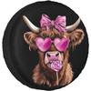 Highland Cow Pink Heart Glasses Lollipop Bow Valentine Spare Tire Cover Wheel Protectors Dust-Proof Sun Protection