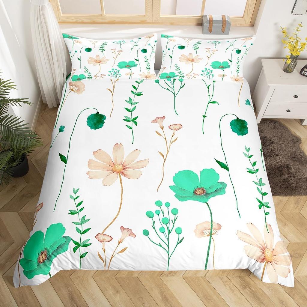 Watercolor Floral Down Duvet Cover Set Queen King Size Simple Pastoral Style Bedding Suitable for Kids Teens Adult Women 3 PCS