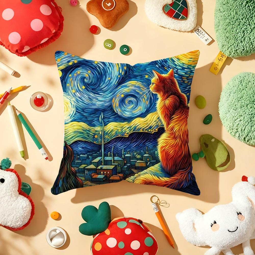 Van Gogh Starry Sky Kawaii Cat Pillow Case Plush Fabric Soft Double-Sided Printed Sofa Warm Winter Home Gift Cushion Cover