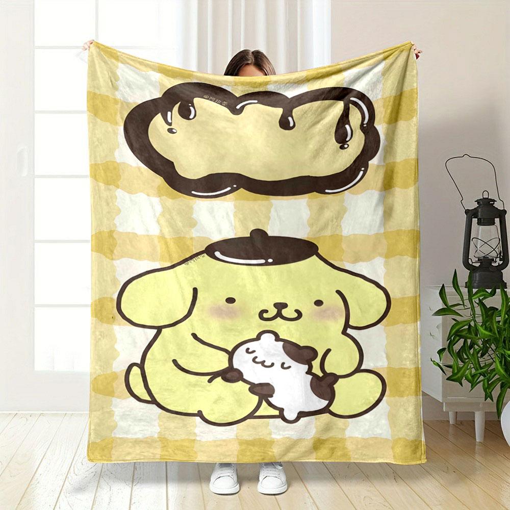 Yellow checkered background with a cartoon dog holding a smaller animal. for all seasons blanket lunch break throw gift