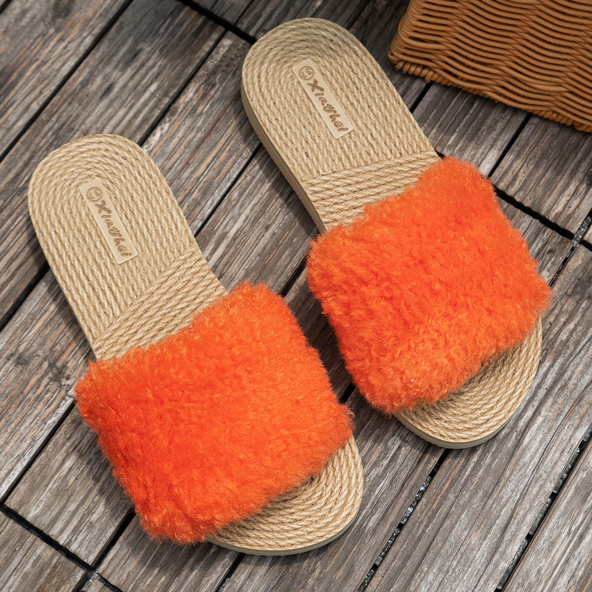 

Новые зимние плюшевые милые женские пушистые тапочки для улицы, домашние тапочки с открытым носком на плоской подошве 40 оранжевый