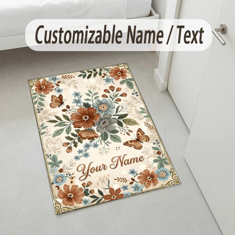 Floral Brain Cosmic Theme Soft Crystal Velvet Rug Custom Name & Text Print Non Slip Floor Rug for Bedroom Living Room