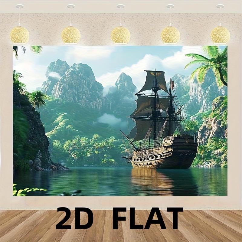 2D Plane, 1 Piece of Pirate Ship Sail Banner Ocean Scenery Theme Polyester Fabric, Suitable for Festival Parties