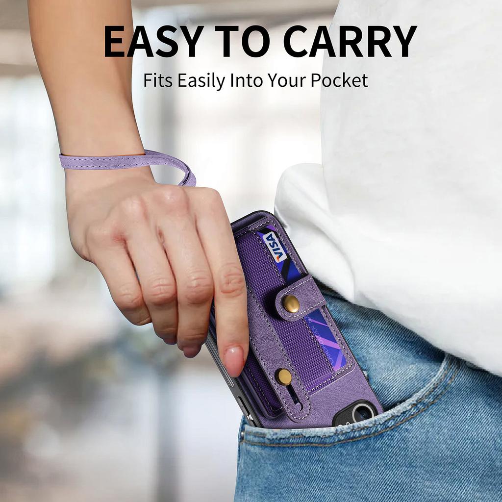 Dla iPhone 16e Pokrowiec na tył z PU skóry w stylu retro z uchwytem na karty i podstawką z opaską na nadgarstek