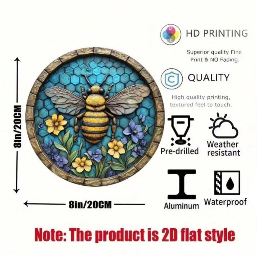 Metal Bee Floral Wall Art Round 2D Printed Sign Home Office Halloween Decor