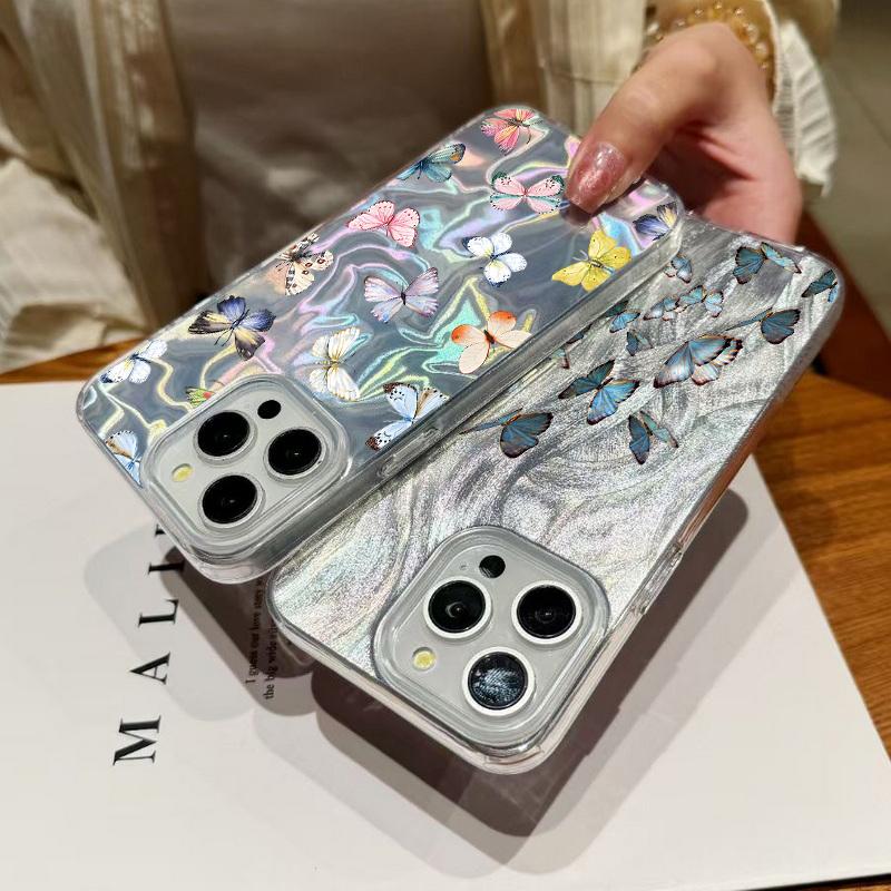 Butterfly Print Soft Edge Slim Clear Phone Case For iPhone 16 Pro 15 Pro Max 14 13 12 11 Glitter Feather Shockproof Sparkling Hard PC Back Cover