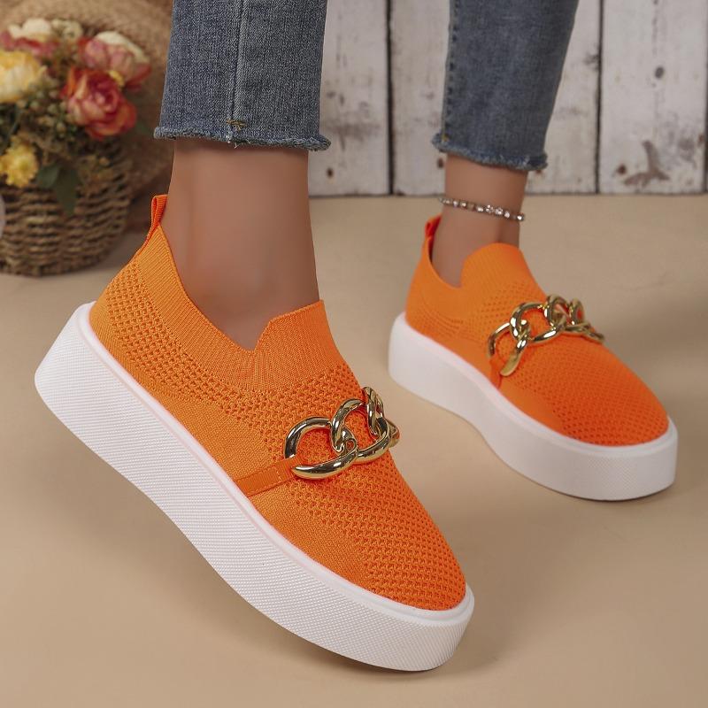 Stora storlekar tjocksulade flugvävda låga enkelskor dam vår och höst nya kedjedekorativa fotöverdrag damskor