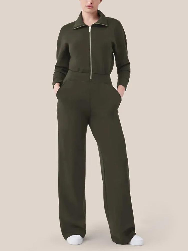 2024 Women's Long-Sleeve Wide-Leg Jumpsuit with Zipper and Lapel Sweater Design