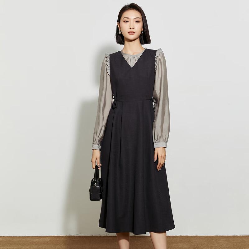 

Women s Elegant Fake Two-Piece Long Sleeve Midi Dress M