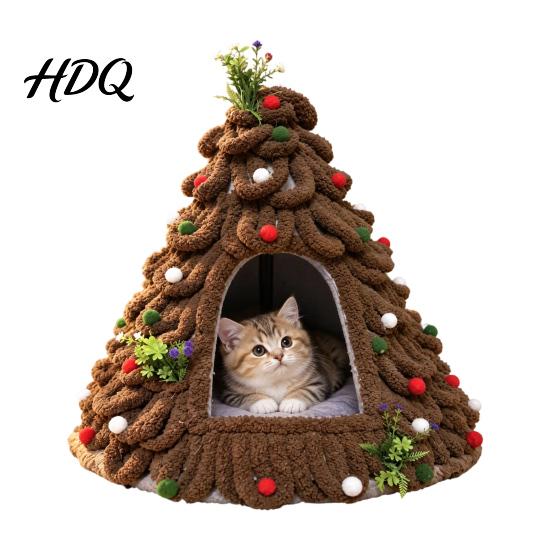Felt Cat Bed Christmas Tree Cave Foldable Semi-Enclosed House Cozy House Warm Holiday Pet Hideaway for Indoor Cats Seasonal Home Decor Small