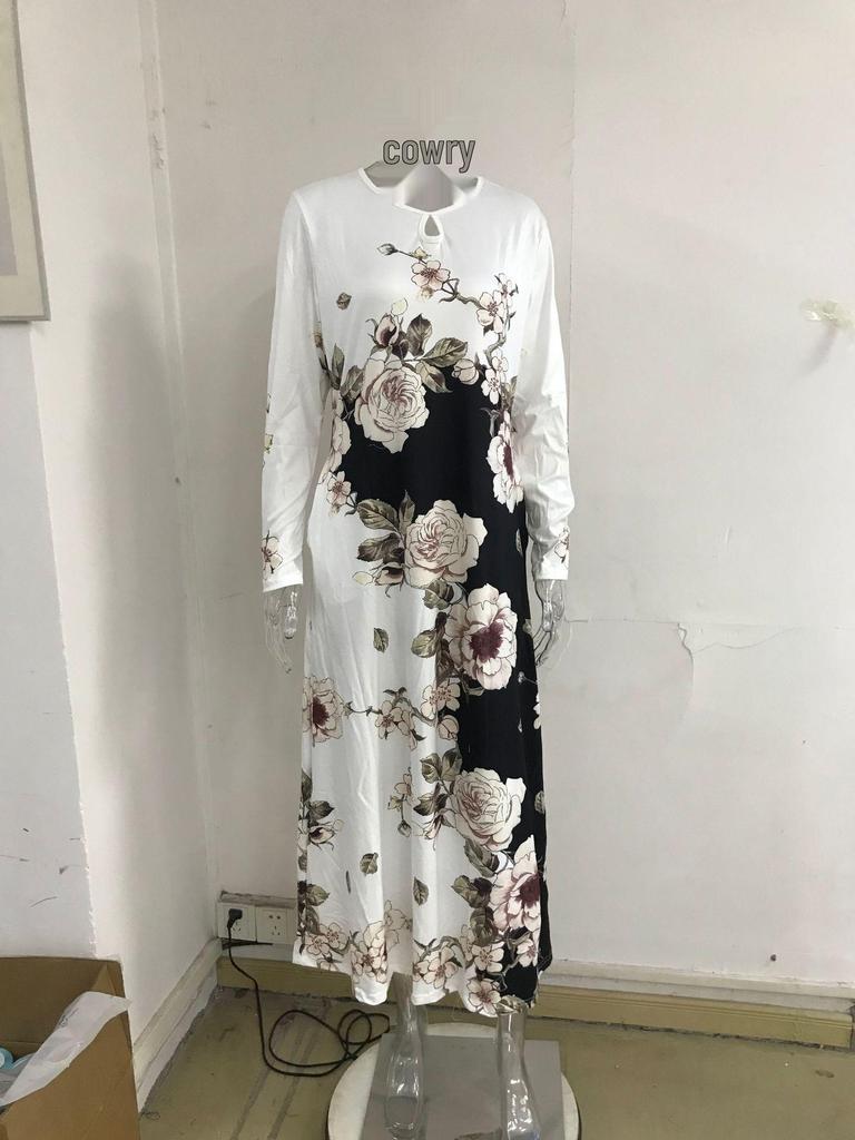 Elegant Plus Size Long Sleeve Printed Dress with Pockets and High Waist Hem