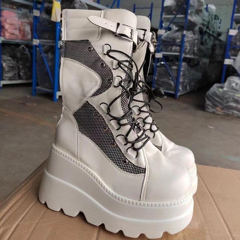 Women Boots Fashion Rivet Buckle Punk Wedges Middle Boots Halloween Cosplay High Quality Platform Womens Boots 35-43 Botas Mujer