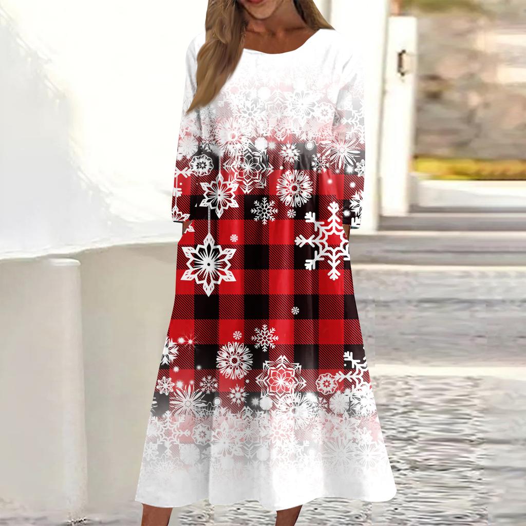 Dámské ležérní midi šaty s kulatým výstřihem a vánočním potiskem, s dlouhým rukávem a kapsou