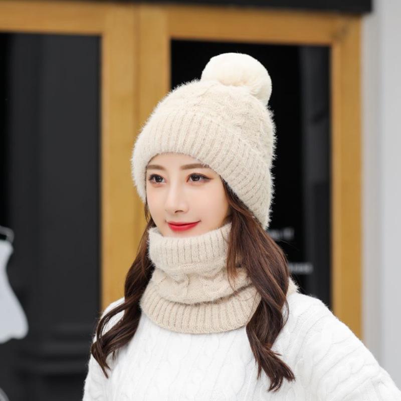 Hat Women's Autumn and Winter Wool Hat Versatile Scarf Set Hat Fashion Cycling Warm Fleece Thickened Knitted Hat
