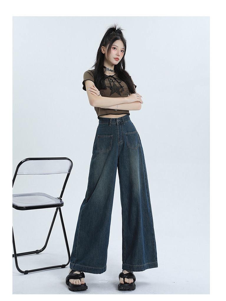 

Women s High-Waisted Dark Blue Wide-Leg Jeans - Slimming Plus Size, Floor-Length Pants for Pear-Shaped Bodies M