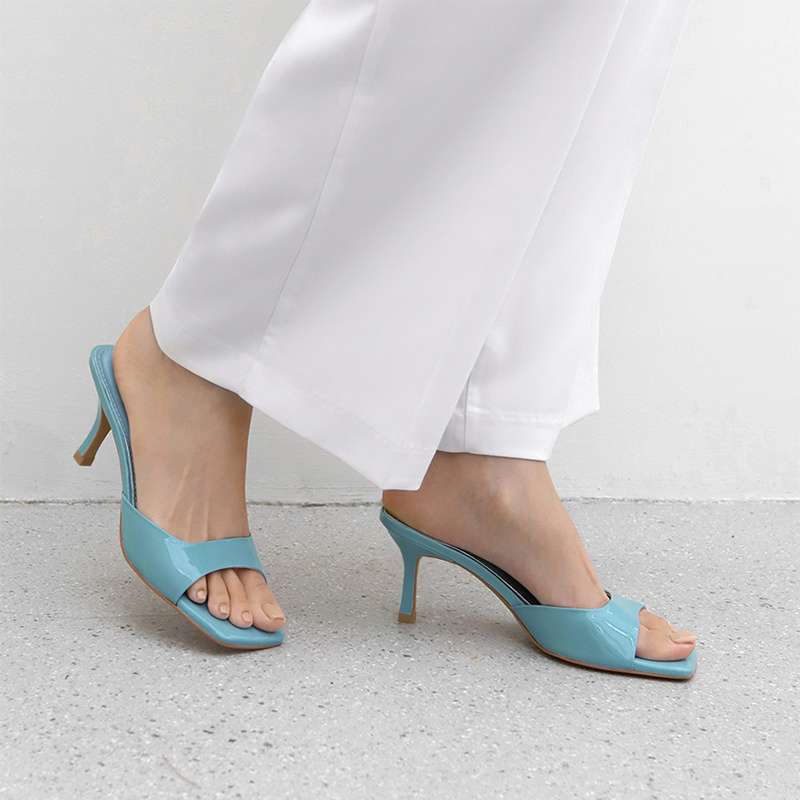 Patent leather high-heeled cool slippers 2025 new summer versatile thin-heeled square-toed sexy one-word slippers
