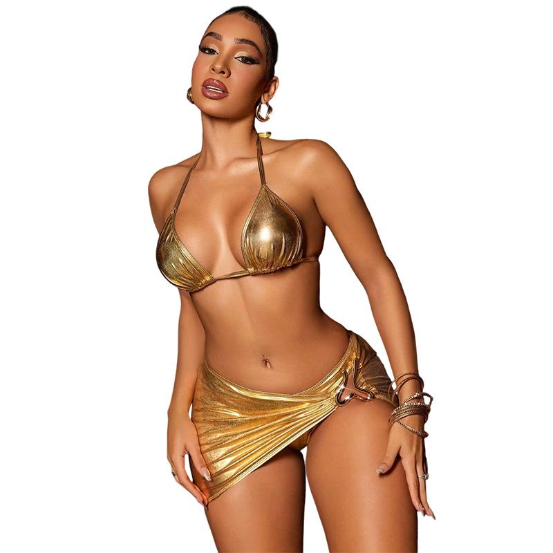 2026 Европейский и Американский Золотой Фольгированный Бикини Халтер на Завязках Купальник S золотой