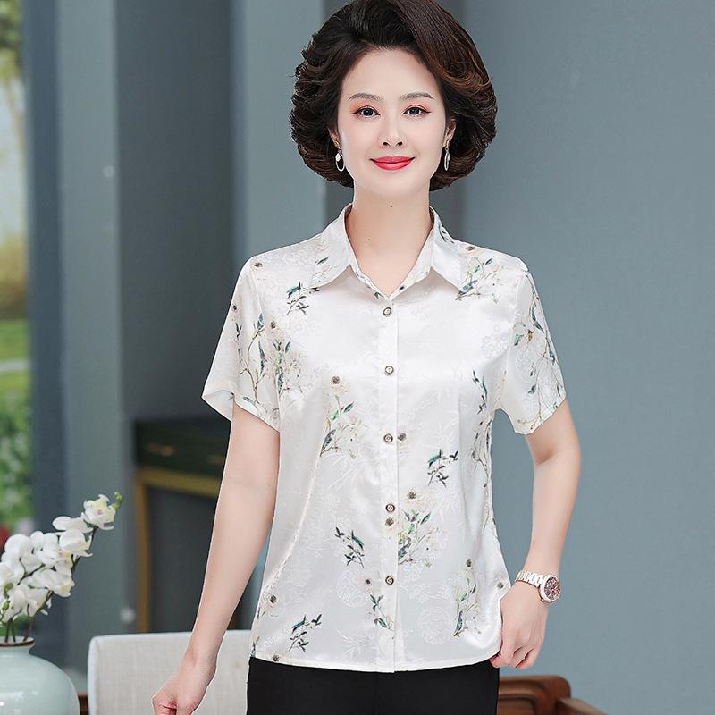 

Elegant Silk Summer Shirt for Women, Ages 50-60: Short-Sleeved, Ideal for Middle-Aged & Elderly 2XL (recommended 110-120 jin) грязно-белый