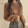 Autumn Winter Knitting Tops Round Neck Puff Long Sleeve Solid Color Loose Fit Casual Top Ribbed Trim Pullover Sweater