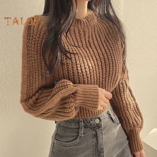 Autumn Winter Knitting Tops Round Neck Puff Long Sleeve Solid Color Loose Fit Casual Top Ribbed Trim Pullover Sweater