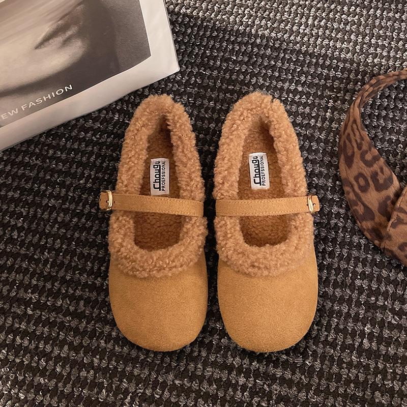 Round head flat bottom Mao Mao mouth women's shoes 2025 new autumn and winter velvet Doudou shoes casual warm women's cotton shoes