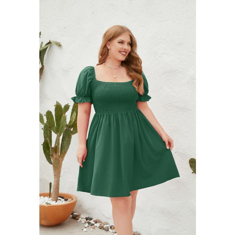 Plus Size Women's Plus Size Solid Color Casual Vacation Travel Square Neck Bubble Sleeve Dresses