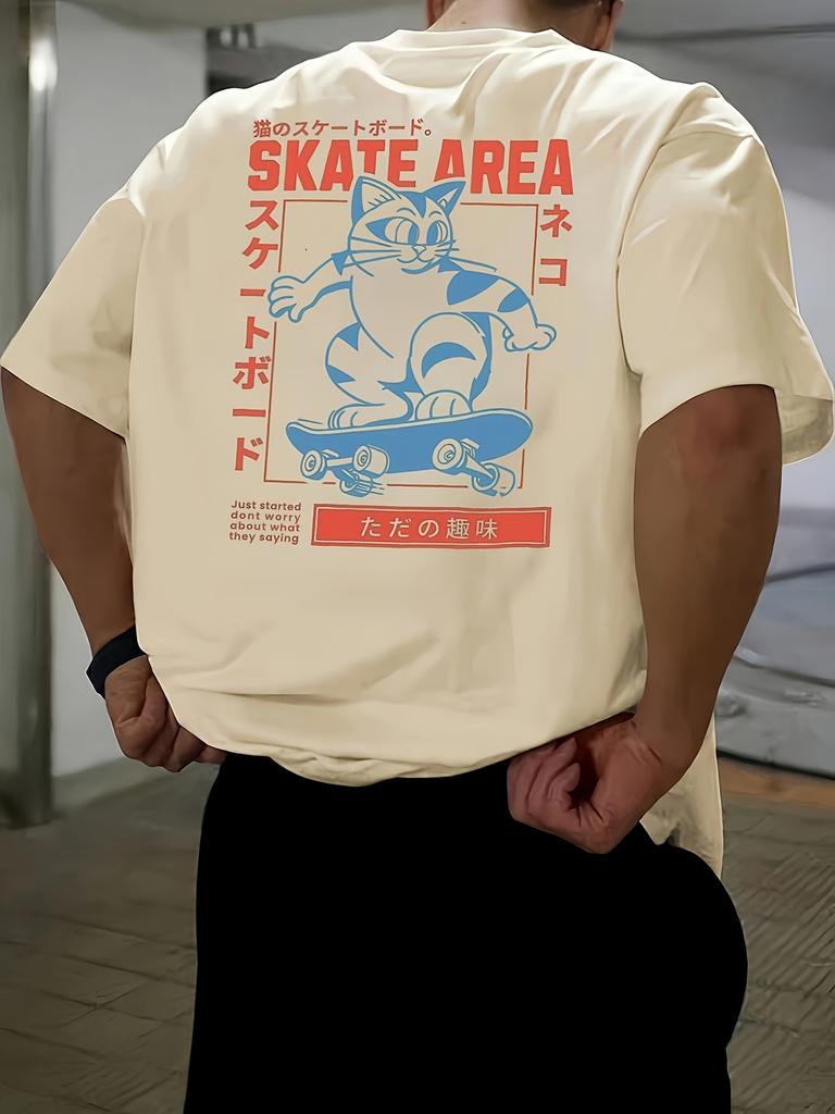 Men's Summer 100% Cotton Tokyo Casual Pattern Printed Fashionable and Casual Loose Round Neck Short Sleeved T-Shirt Top