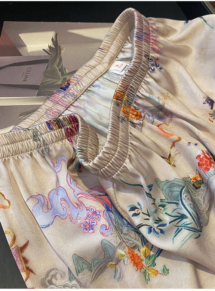 Chinese Silk-Feel Pajamas for Women - Summer Short Sleeve Top & Shorts, National Style, Lightweight