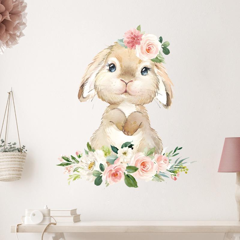 Cartoon Niedlicher Hase Blume Tier Wandaufkleber Abnehmbar für Schlafzimmer Wohnzimmer Kinderzimmer Hintergrund Dekoration Wandtattoos