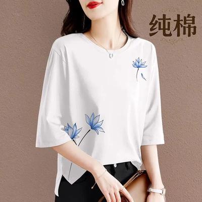 Casual Pure Cotton Short Sleeve T-shirt Women Summer New Loose Foreign Fashion Versatile Middle-aged Top