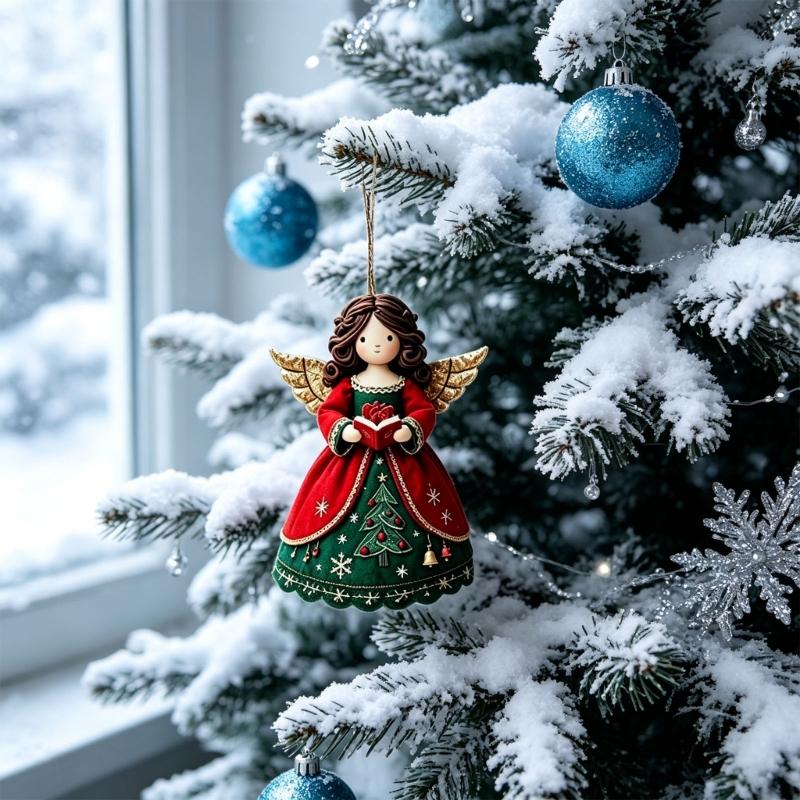 Corded Christmas Angel Decorations, Illustrated Wooden Figures for Seasonal Displays, Gift Bags, Wreaths, and Mantels