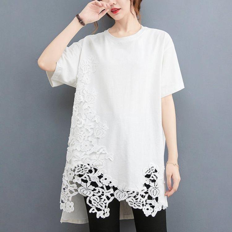 Oversize Black Tunic Shirt Summer Cotton Lace Tops Plus Size Women Tee Casual Loose Tshirt Fashion Lady Clothing